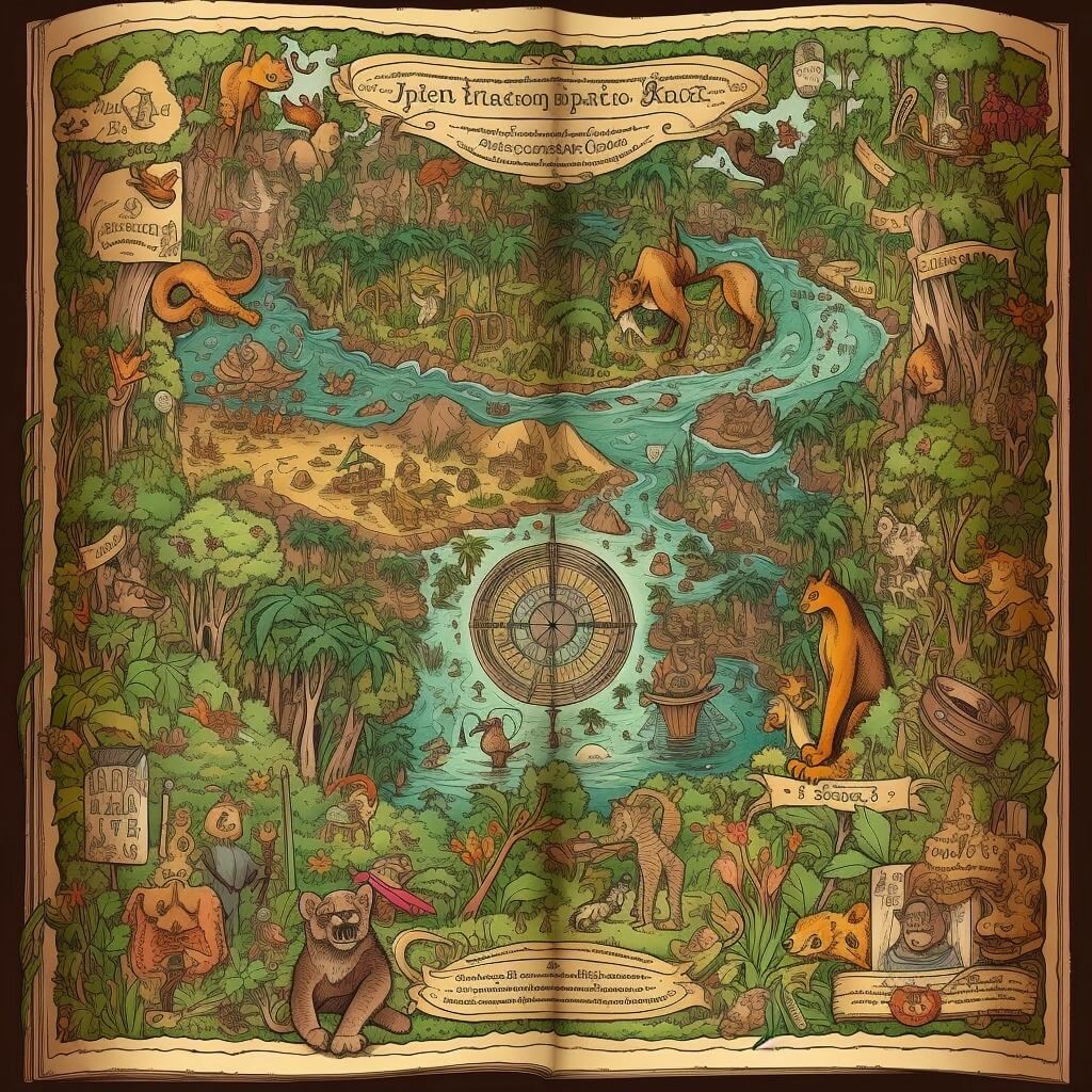 Une carte fantastique colorée, illustrée de divers animaux, de forêts, de rivières et de lieux fantaisistes, avec un lac central, des bordures décoratives et un style vintage de livre d'histoires. Des étiquettes et des symboles sont disséminés sur toute la carte.