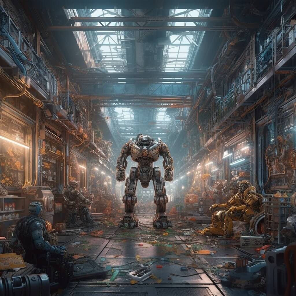 Un grand robot se tient au centre d'un atelier industriel encombré de machines, d'outils et d'autres robots. La lumière du soleil traverse les puits de lumière situés au-dessus, illuminant la scène détaillée et futuriste.