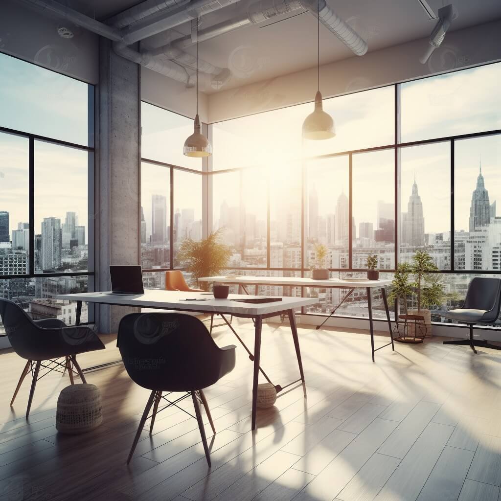 Un bureau moderne avec de grandes fenêtres offrant une vue sur l'horizon de la ville et baigné par la lumière naturelle du soleil. L'espace est doté d'un mobilier élégant, de plantes en pot et de planchers en bois, créant ainsi un environnement de travail lumineux et accueillant.