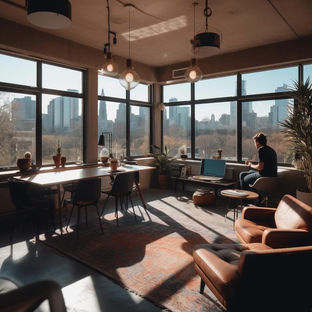 Une personne travaille dans un bureau moderne et ensoleillé, dont les grandes fenêtres donnent sur l'horizon de la ville. La pièce est dotée d'un mobilier élégant, de plantes et d'une lumière naturelle chaleureuse.