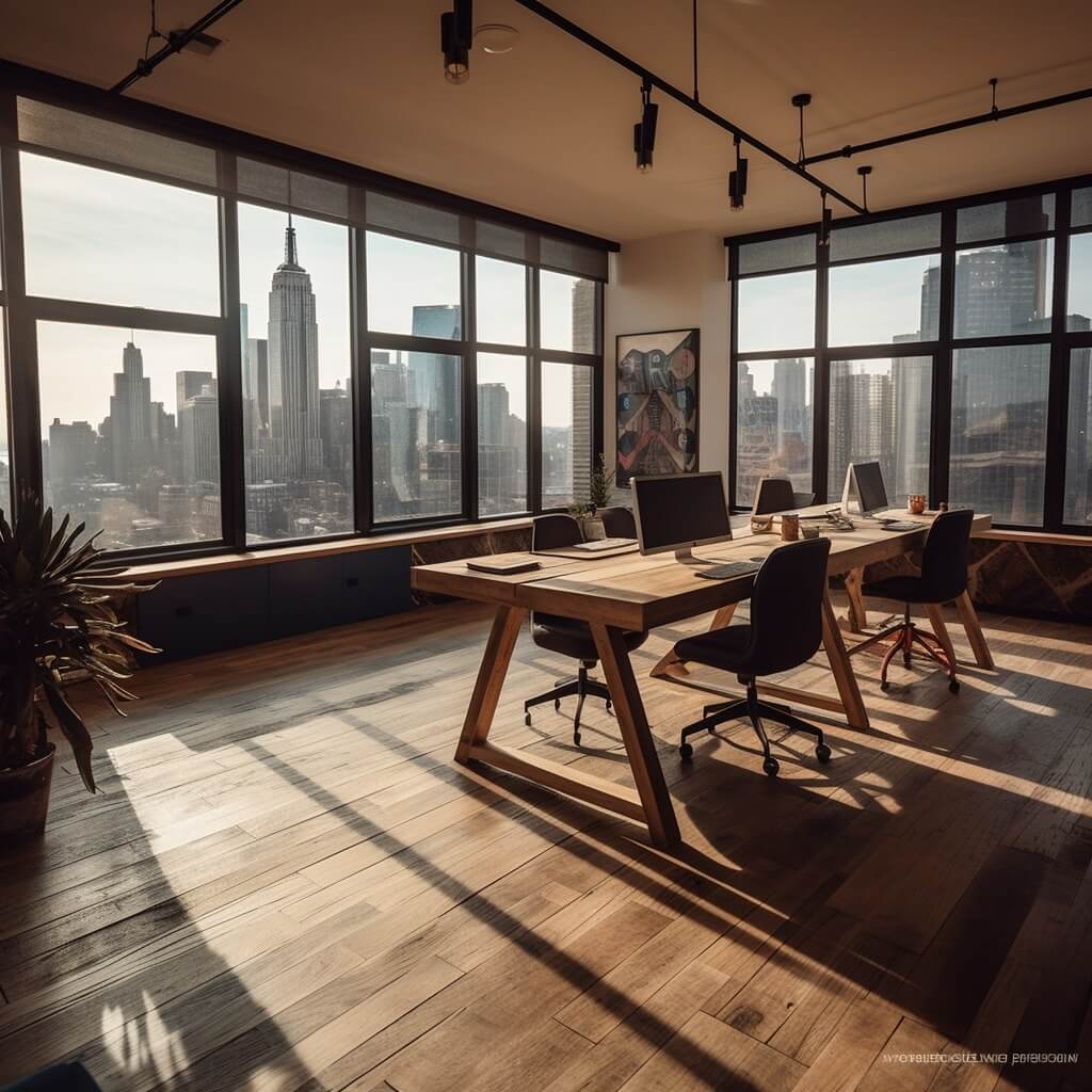 Un bureau moderne avec des bureaux et des chaises en bois est doté de grandes fenêtres donnant sur l'horizon d'une ville avec de grands bâtiments, dont l'Empire State Building, illuminés par la lumière chaude du soleil.