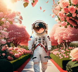 Un astronaute vêtu d'une combinaison spatiale blanche marche dans un jardin bordé de fleurs roses et de rosiers en pleine floraison, tandis que la lumière du soleil traverse les arbres et que les oiseaux volent au-dessus de lui.